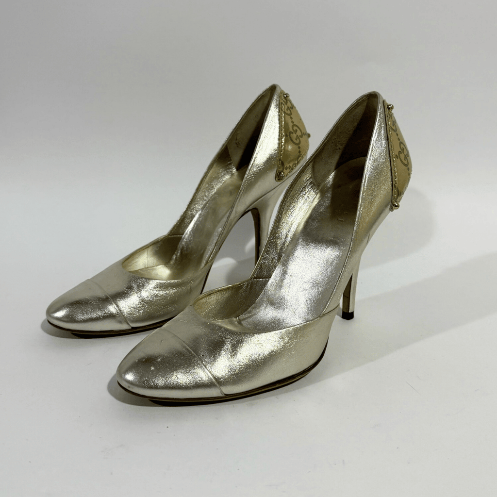 Gucci Heels Silver Leather GG y2k