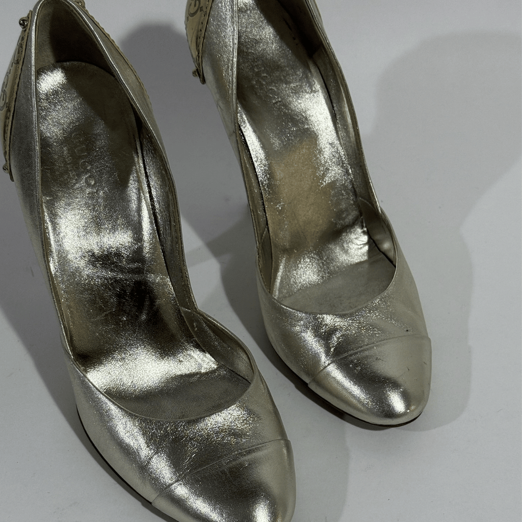 Gucci Heels Silver Leather GG y2k