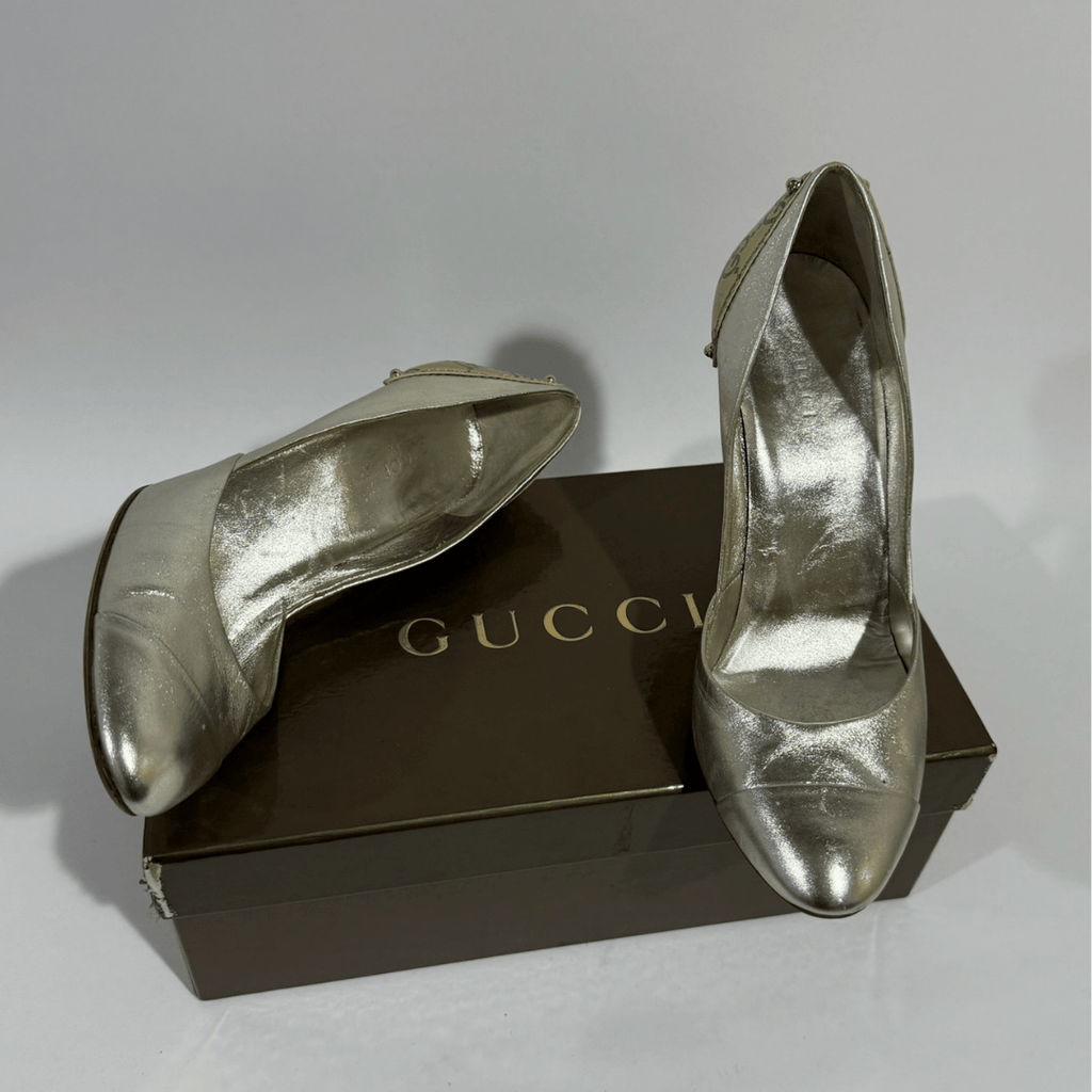 Gucci Heels Silver Leather GG y2k
